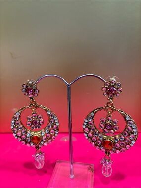 Gold-Tone Pink & Red Crystal Hoop Drop Earrings